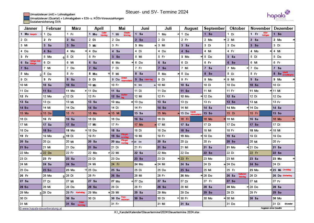 Dies ist ein von uns erstellter Kalender mit wichtigen Steuerterminen des Jahres - aktualisiert für 2024.
